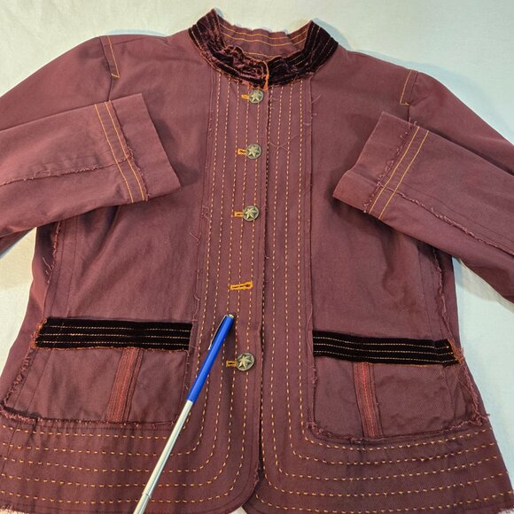 JOHNNY WAS Grunge BURGANDY Frayed Raw Edge Hem Utility Jacket Size L New NO Tag! - Picture 6 of 16